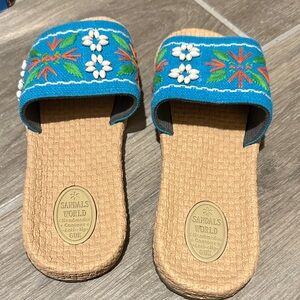 Source Unknown Blue and Tan Embroidered Sandals
